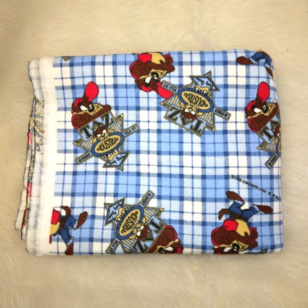FABRIC Tasmanian Devil On Blue Plaid Flannel, Warner Brothers Licensed, c. 1997